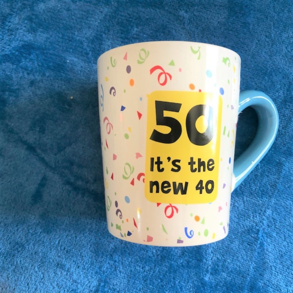 50 It Is The New 40 Mug White Yellow Blue Handle. - Picture 1 of 2